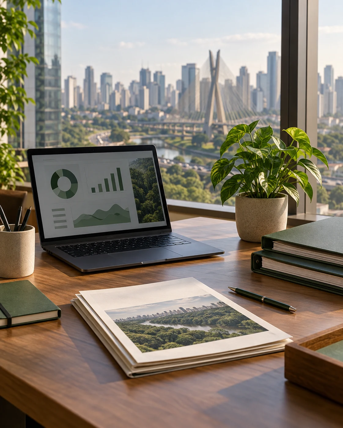 Mesa organizada com notebook, documentos e planta, com vista para São Paulo